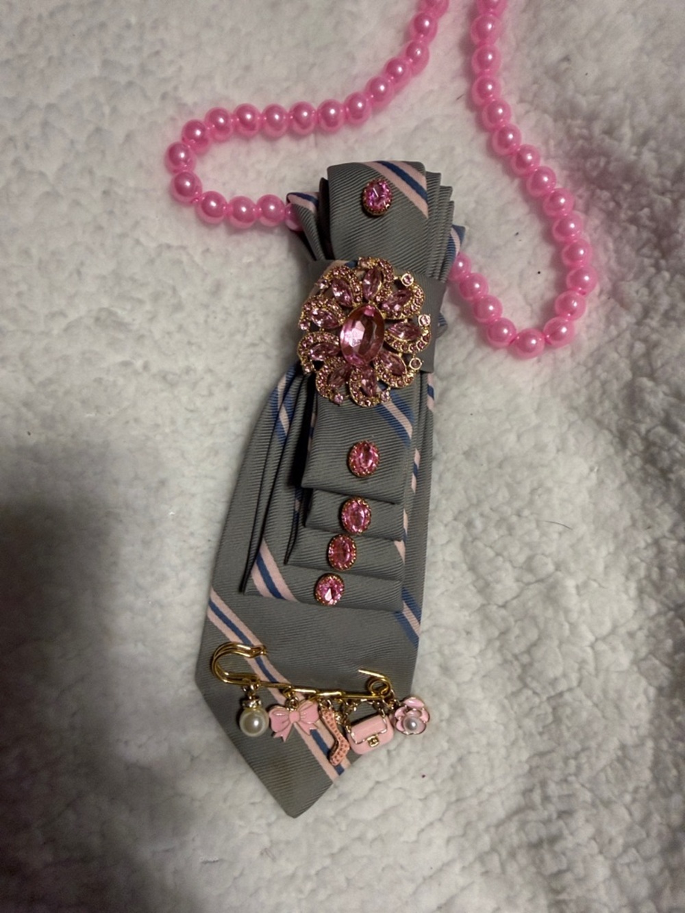 Pink Gem & Gray Ribbon Necklace Brooch Accessory